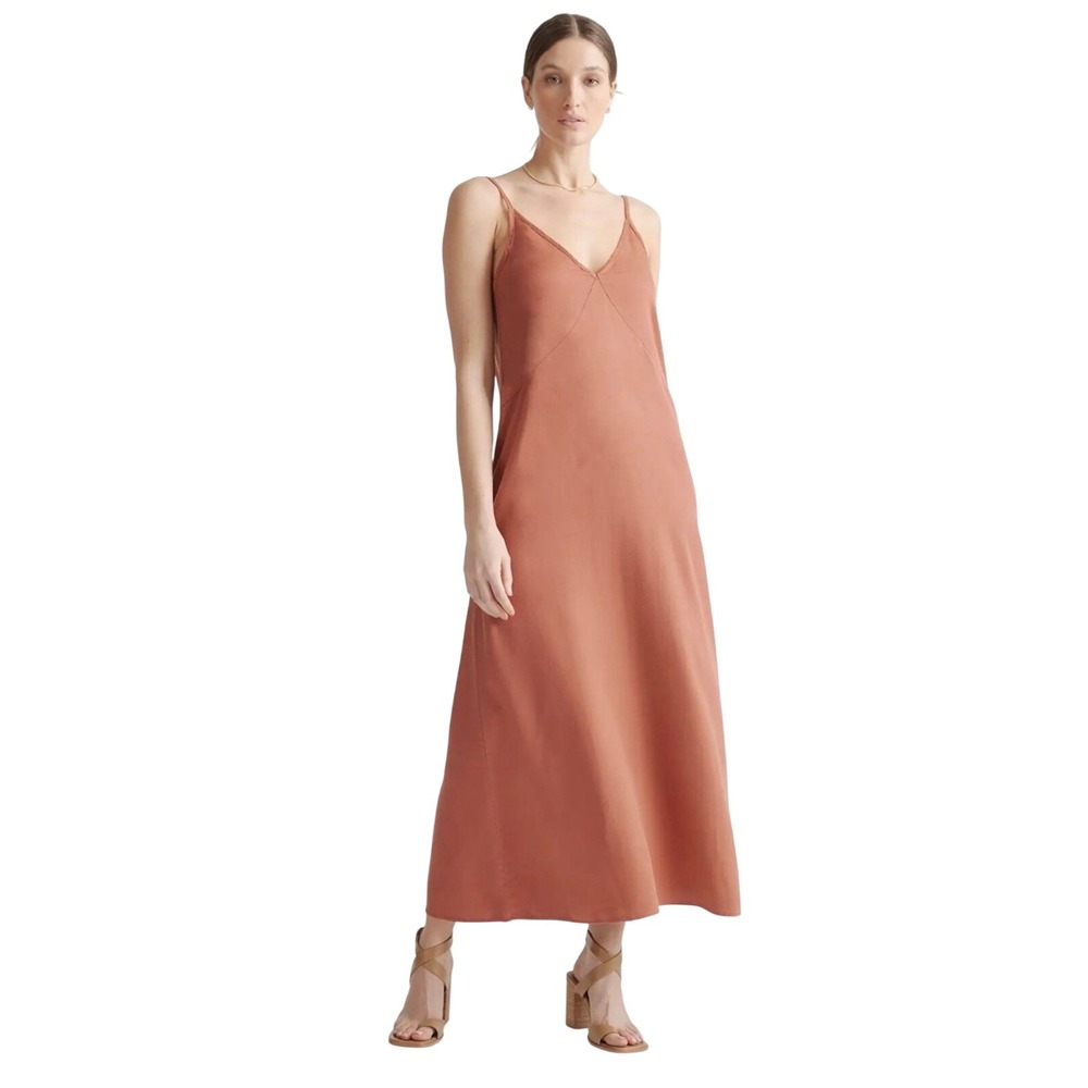 Quince Maxi Slip Dress M Terracotta Vintage Wash Tencel Lyocell Earthcore V-Neck